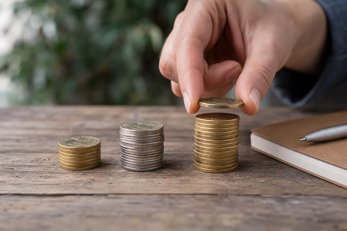 Mains empilant des pièces d&rsquo;un euro sur une table en bois clair
