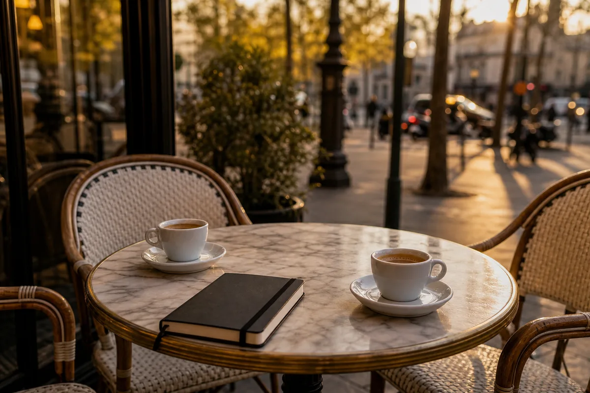 Terrasse de café française avec deux tasses d&rsquo;expresso et un carnet fermé sur une table ronde