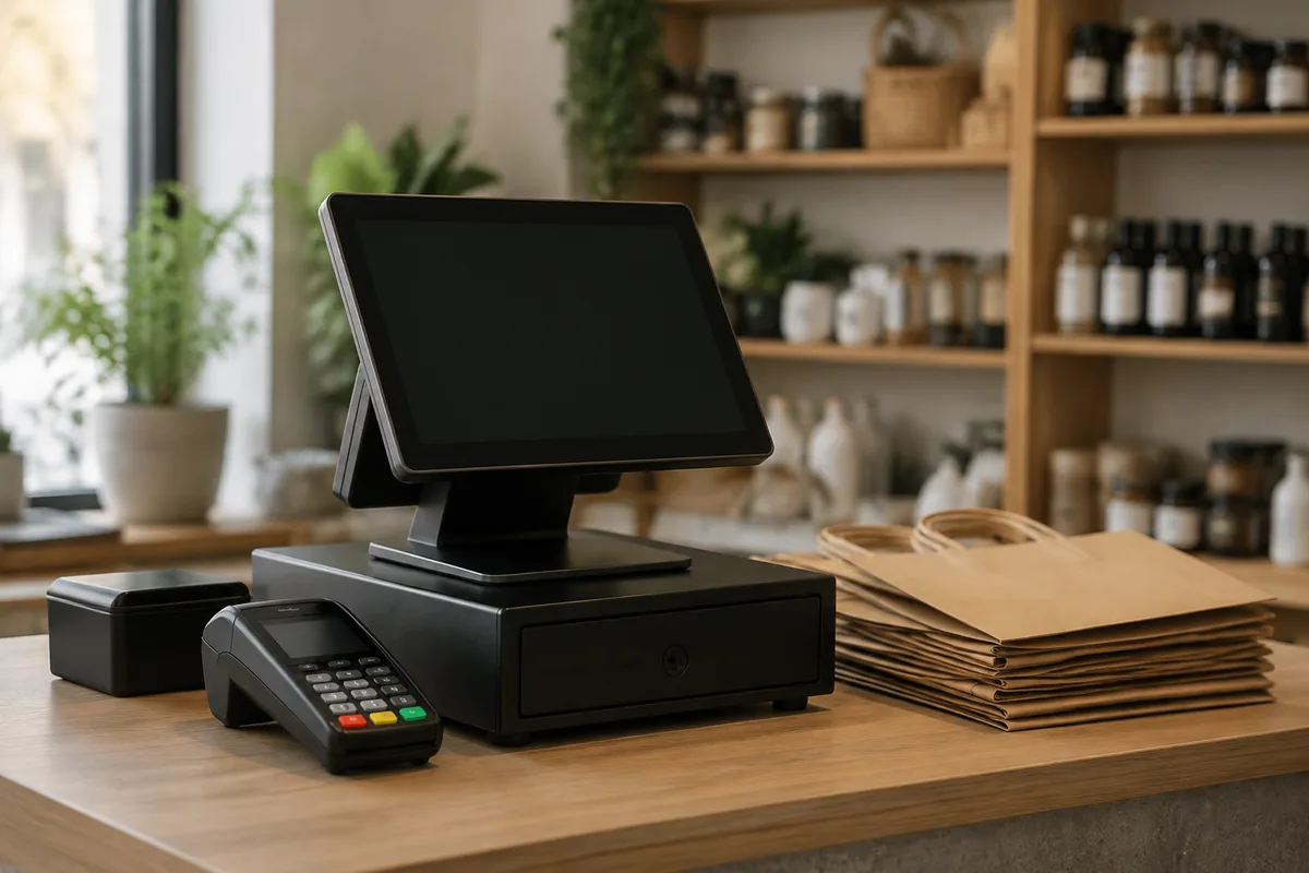 Comptoir de commerce avec caisse enregistreuse moderne et sacs kraft pliés
