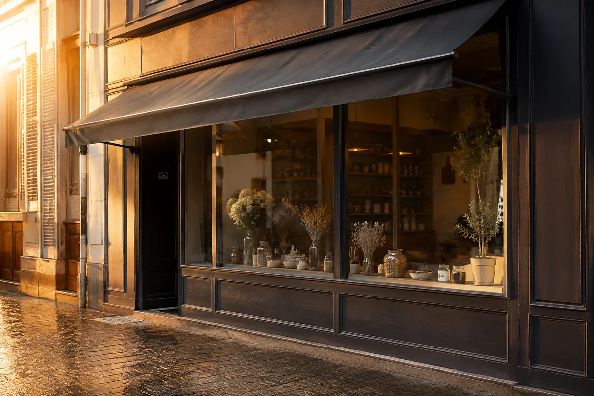 Vitrine de commerce de quartier au lever du jour avec store en toile unie