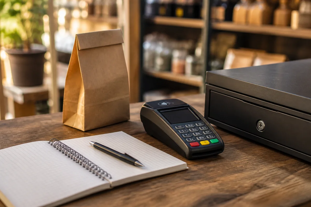 Comptoir de boutique avec terminal de paiement, tiroir-caisse fermé et carnet ouvert