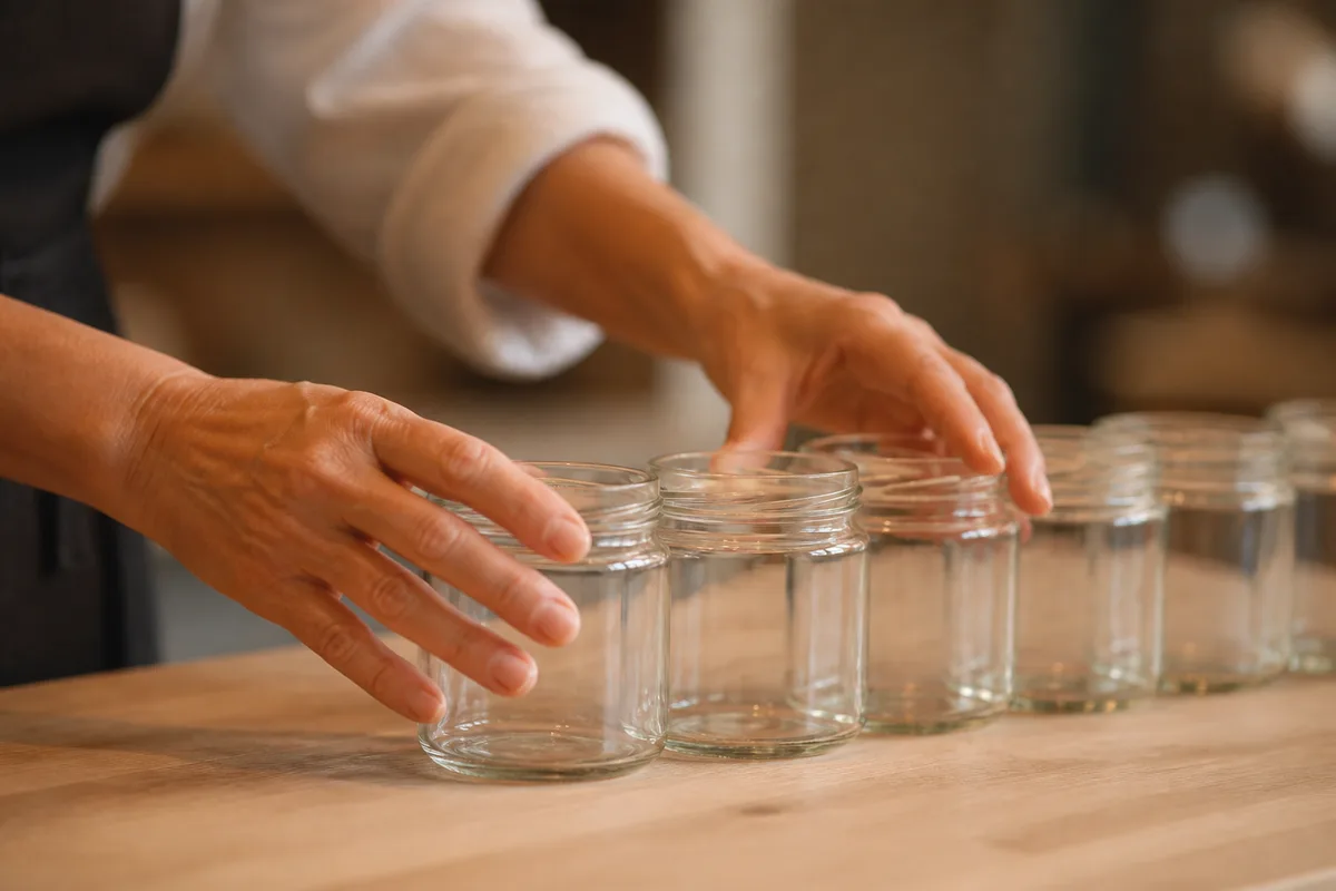 Mains d&rsquo;une commerçante alignant des bocaux en verre sur un comptoir en bois clair