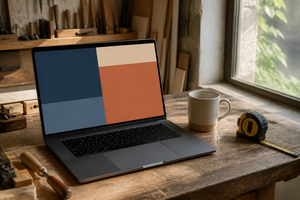 Écran d&rsquo;ordinateur portable affichant des aplats de couleur unis et des blocs géométriques sur un bureau
