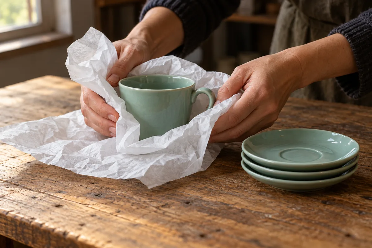 Mains qui enveloppent une tasse en faïence vert d’eau dans du papier de soie blanc sur une table de travail en bois brut d’arrière-boutique