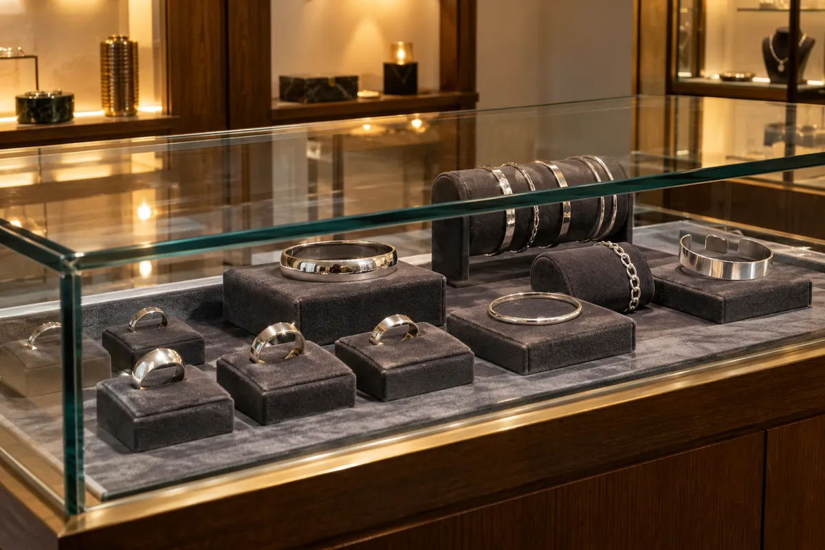 Bagues et bracelets en argent posés sur des coussinets en velours gris dans une vitrine de comptoir en verre fermée