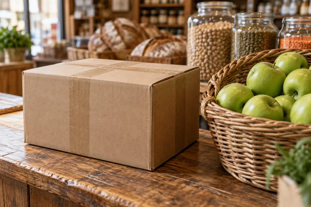 Colis brun posé sur le comptoir en bois d&rsquo;une épicerie de quartier à côté d&rsquo;un panier de pommes vertes
