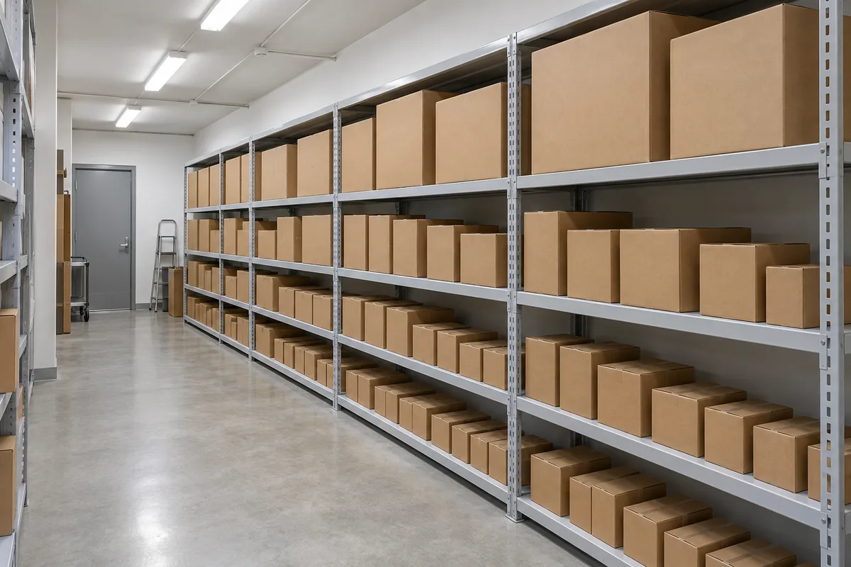 Étagère métallique d&rsquo;une réserve avec des cartons alignés du plus grand au plus petit