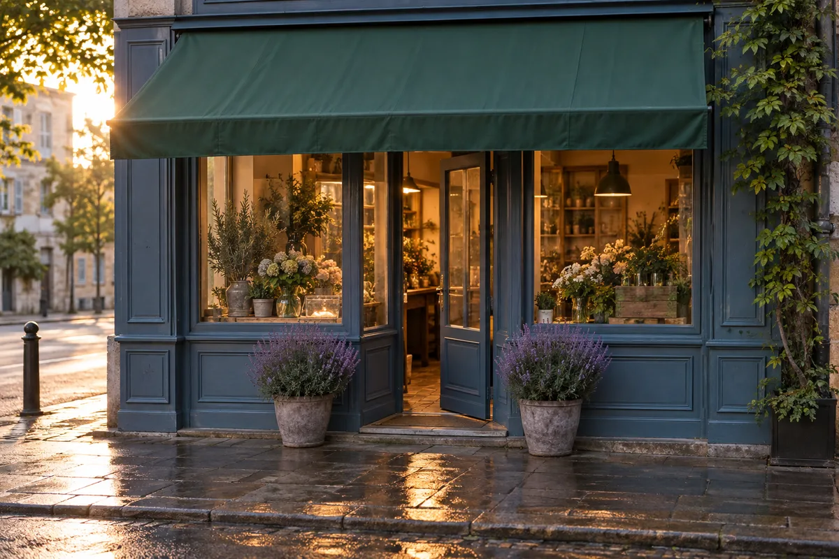 Devanture d&rsquo;un commerce de quartier au petit matin, porte vitrée entrouverte sur une rue calme