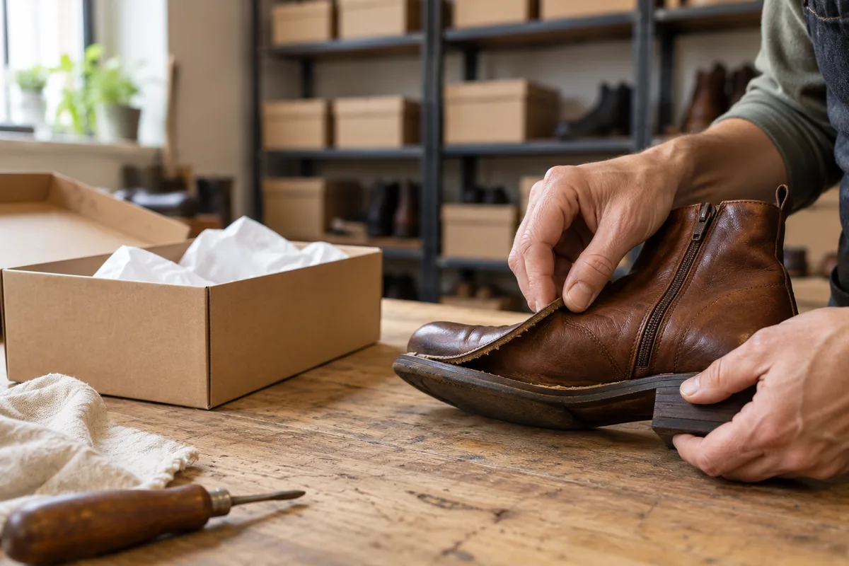 Mains examinant la semelle décollée d’une bottine en cuir dans l’arrière-boutique d’un magasin de chaussures