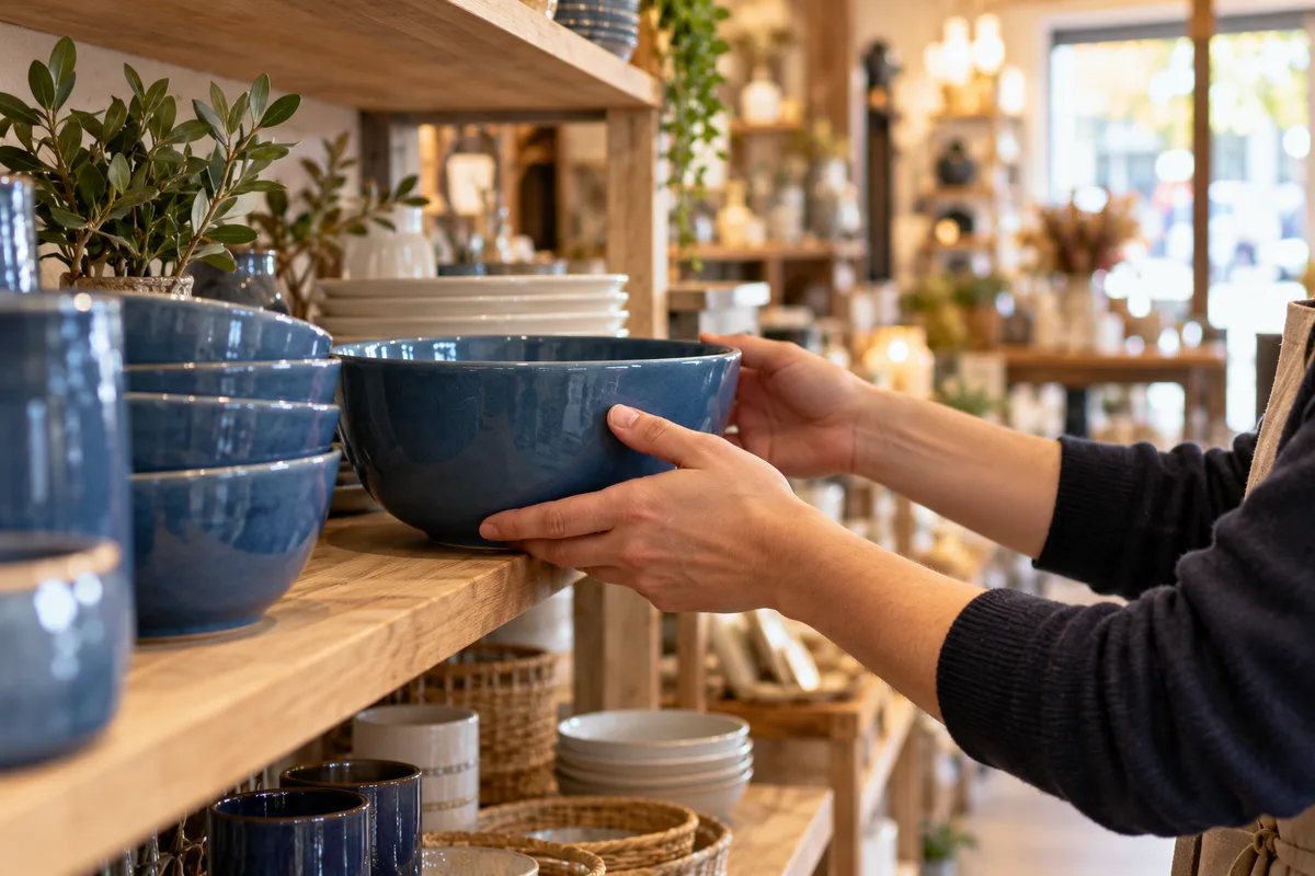 Mains replaçant un saladier en céramique bleue sur une étagère de boutique de décoration