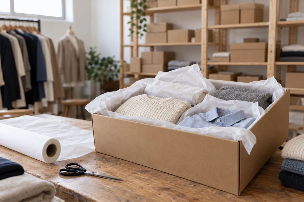 Bac en carton rempli de vêtements pliés dans la réserve d’une boutique de prêt-à-porter