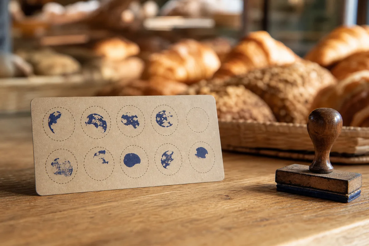 Carte de fidélité tamponnée posée sur le comptoir en bois d’une boulangerie
