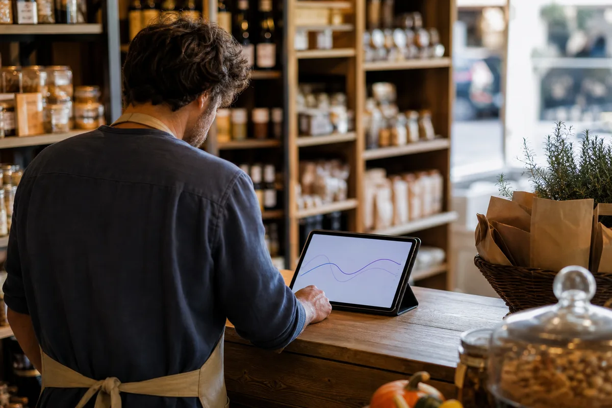 Commerçant consultant ses chiffres de vente sur une tablette dans sa boutique