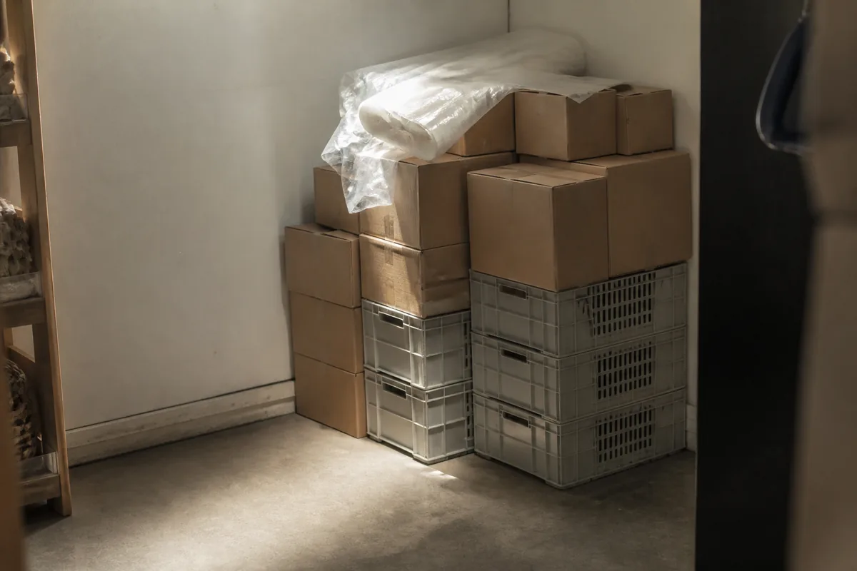 Cartons de marchandises invendues empilés dans un coin de réserve de magasin