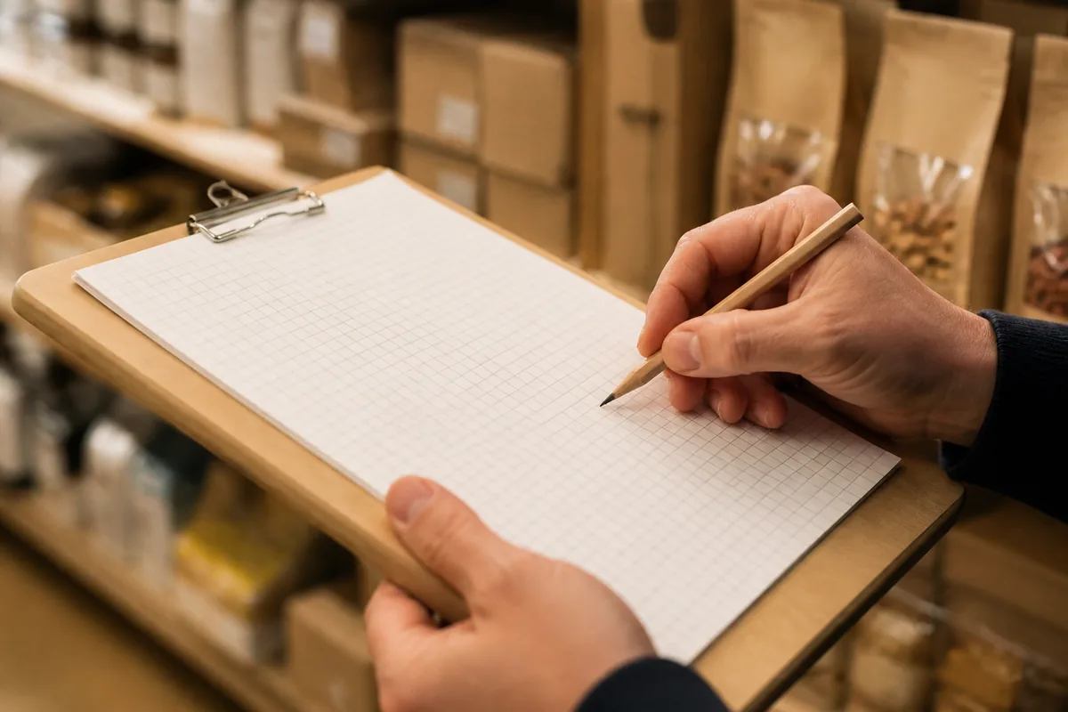 Commerçant comptant des articles en rayon avec une feuille de comptage à la main
