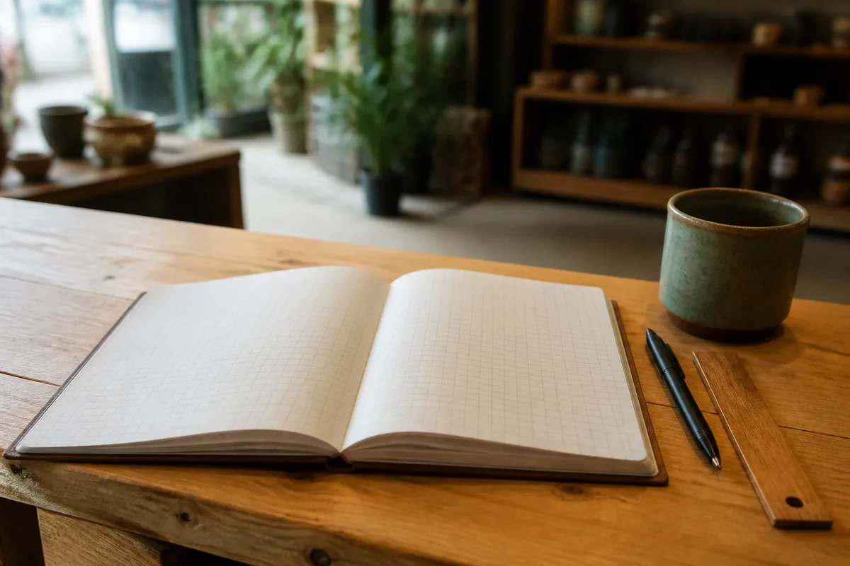 Cahier de suivi de stock ouvert sur le comptoir en bois d&rsquo;une petite boutique