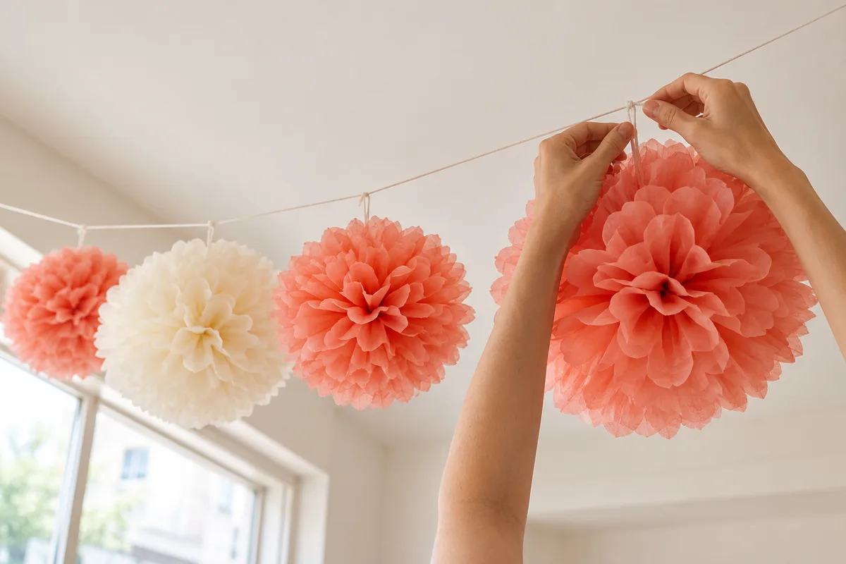 Mains accrochant un pompon en papier de soie corail sous le plafond d’une boutique vide