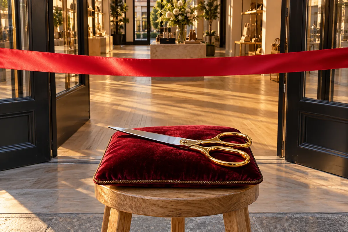 Grands ciseaux posés sur un coussin de velours devant un ruban rouge tendu à l’entrée d’une boutique