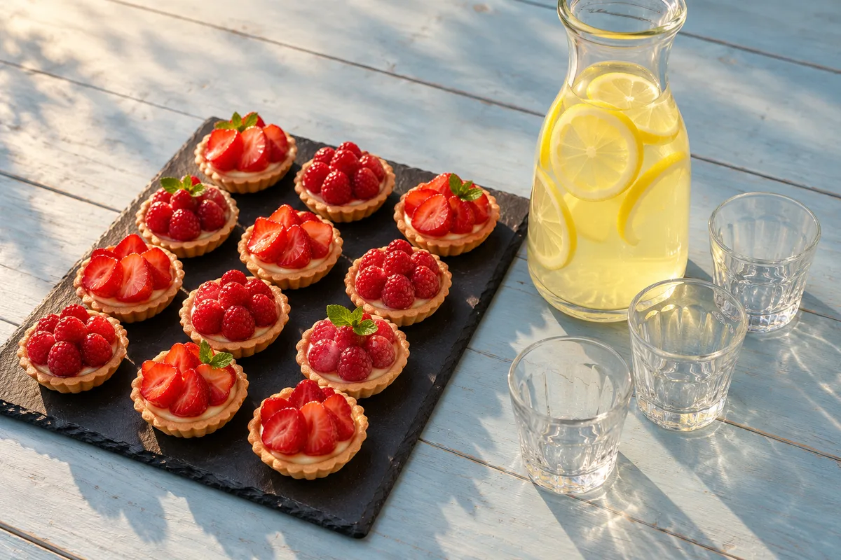 Mini-tartelettes aux fruits et carafe de citronnade sur un comptoir bleu pâle