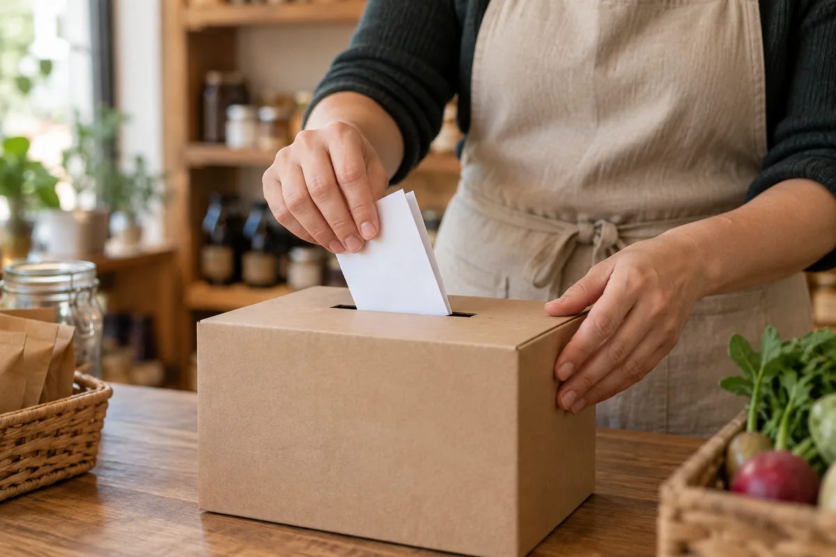 Mains d&rsquo;une commerçante en tablier déposant un bulletin plié dans une urne en carton