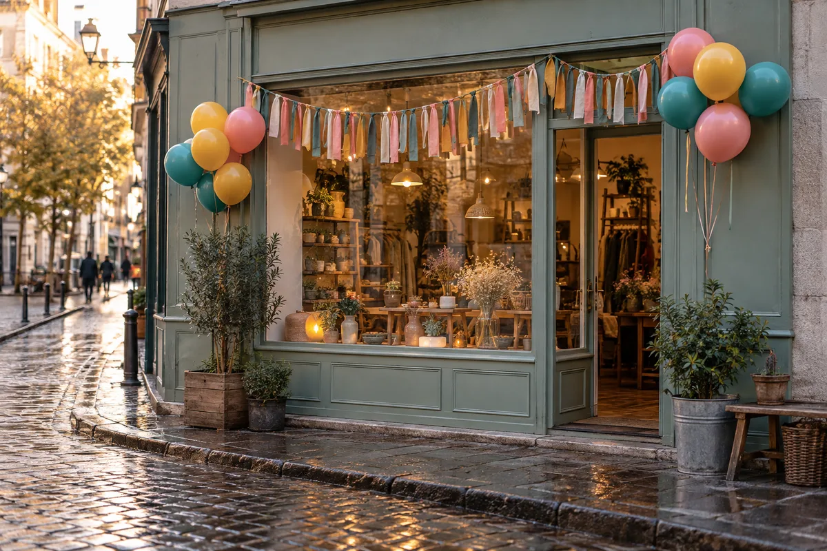 Vitrine de boutique décorée de ballons colorés et de rubans, vue depuis la rue