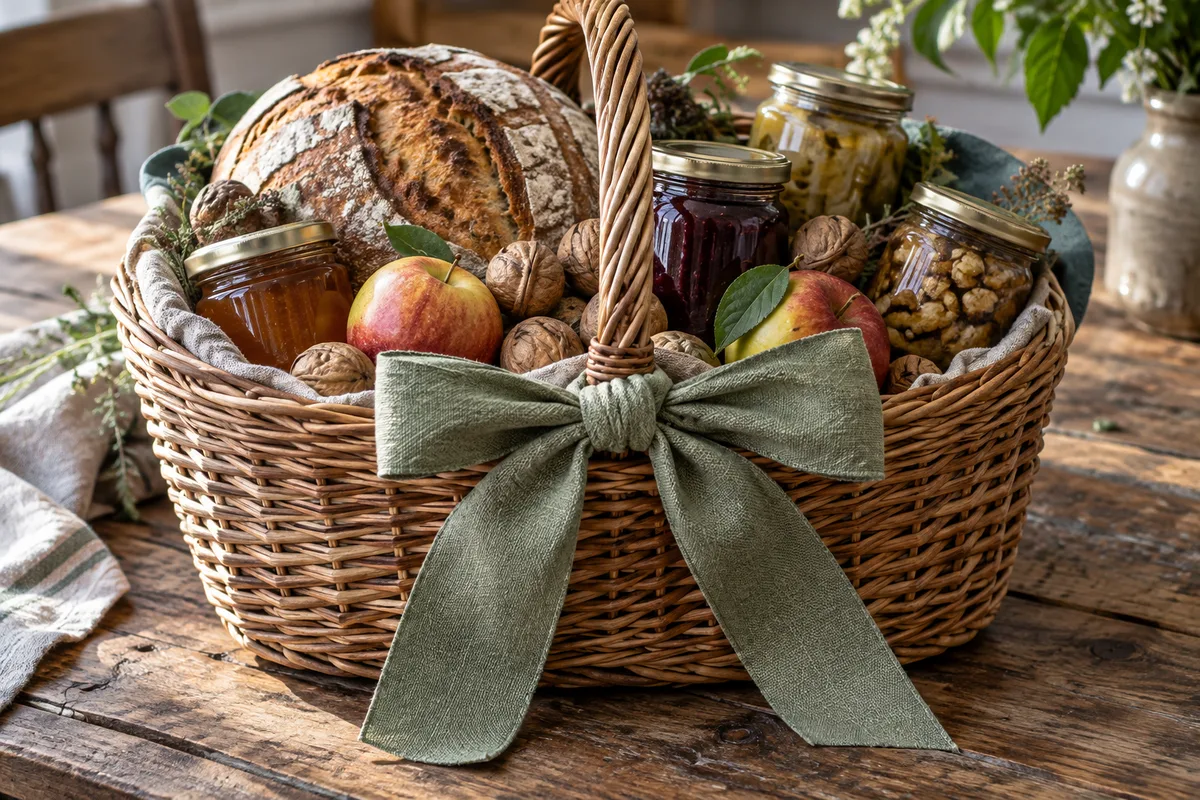 Panier garni de bocaux, de pain et de fruits, enrubanné et posé sur une table en bois