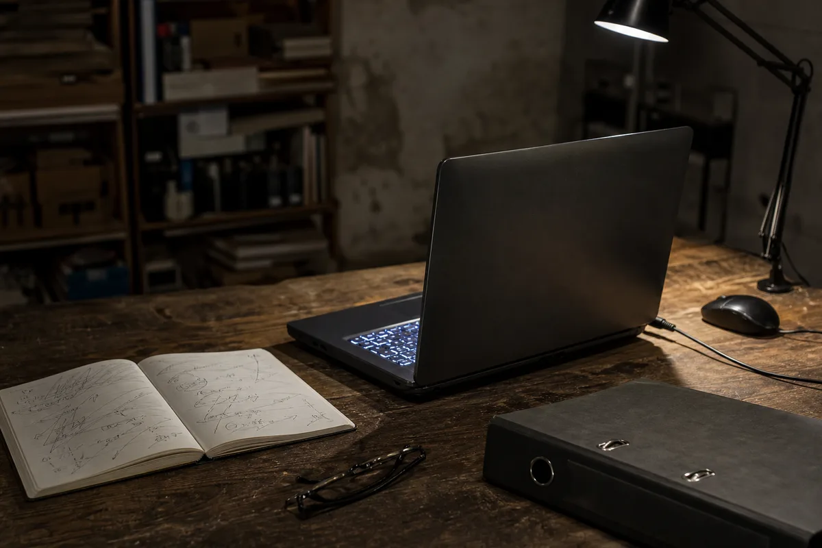 Comptoir d’une boutique de quartier avec un ordinateur portable ouvert et un carnet de notes