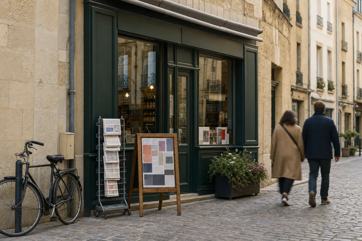 Vitrine d’un petit commerce de centre-ville français avec presse locale et affichage de quartier