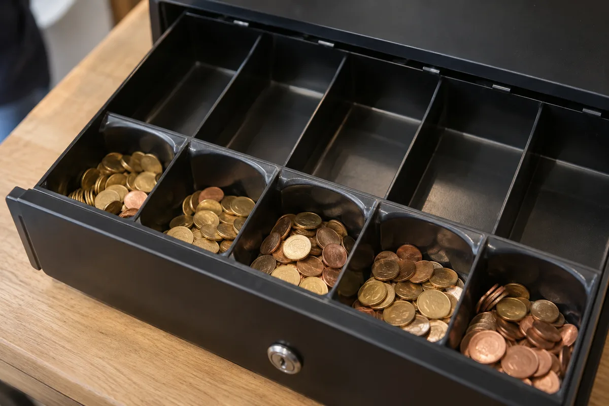 Tiroir-caisse ouvert rempli de pièces de monnaie, vu en gros plan