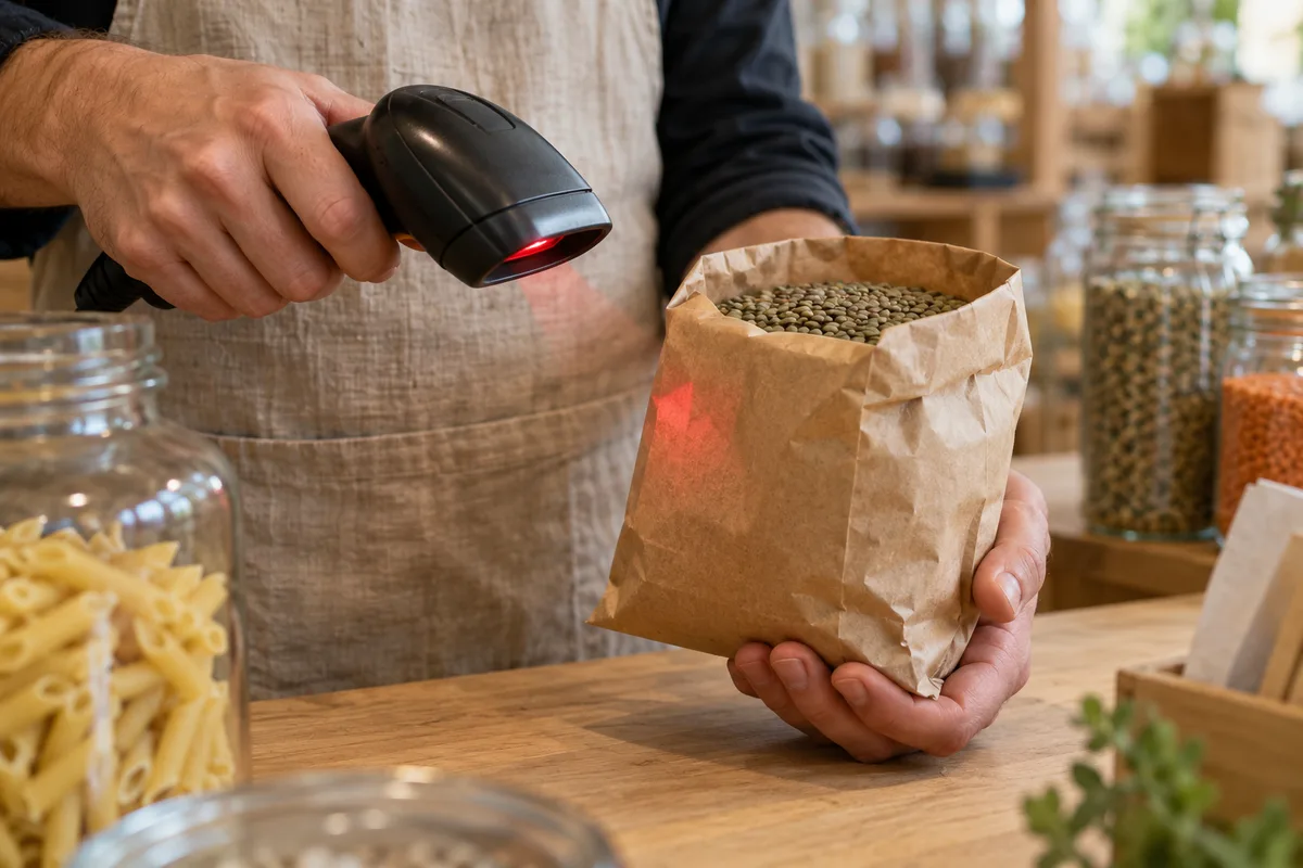 Mains d’un commerçant passant un sachet de vrac sous une douchette