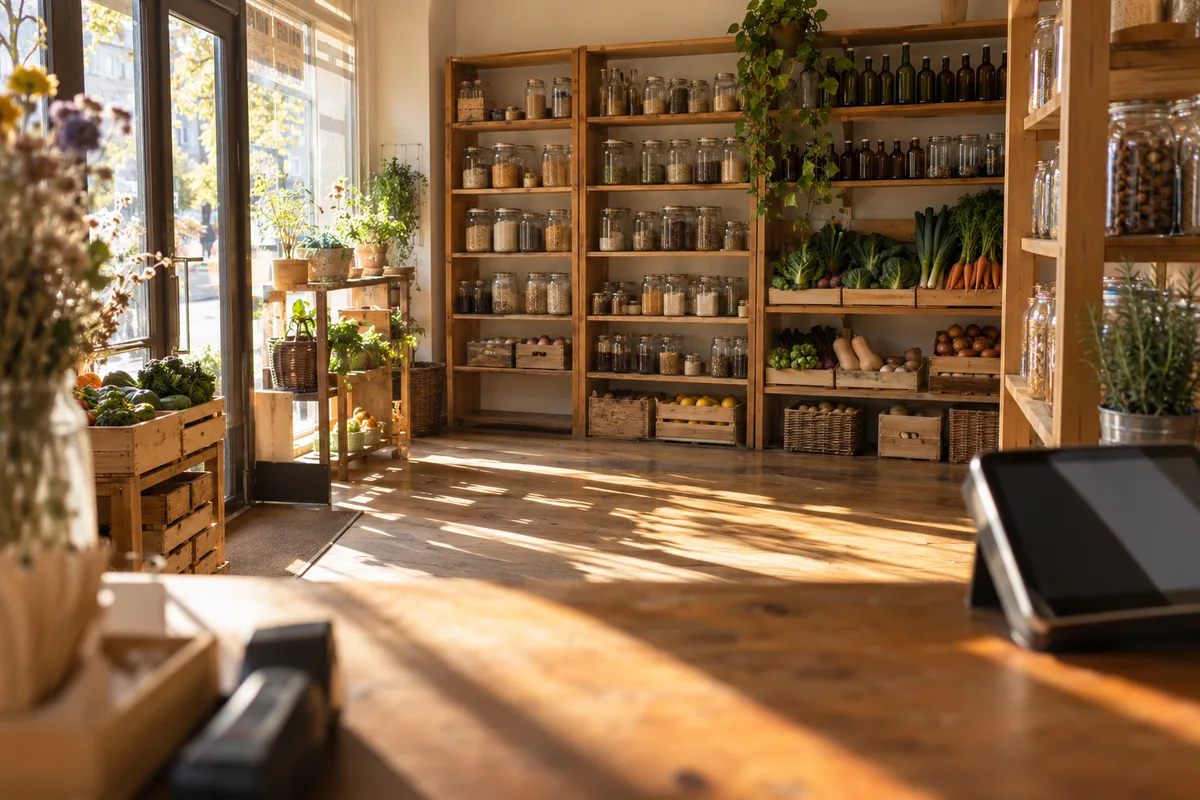 Rayonnages en bois d’une boutique de proximité vus depuis l’arrière du comptoir