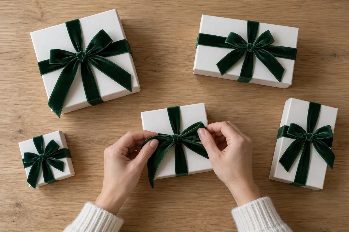 Mains nouant un ruban de velours vert autour d&rsquo;un petit coffret blanc
