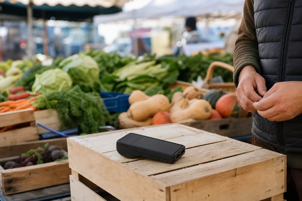 Terminal de paiement mobile posé sur un étal de marché en plein air
