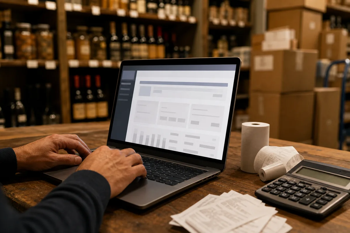 Commerçante vérifiant ses encaissements sur un ordinateur portable en arrière-boutique