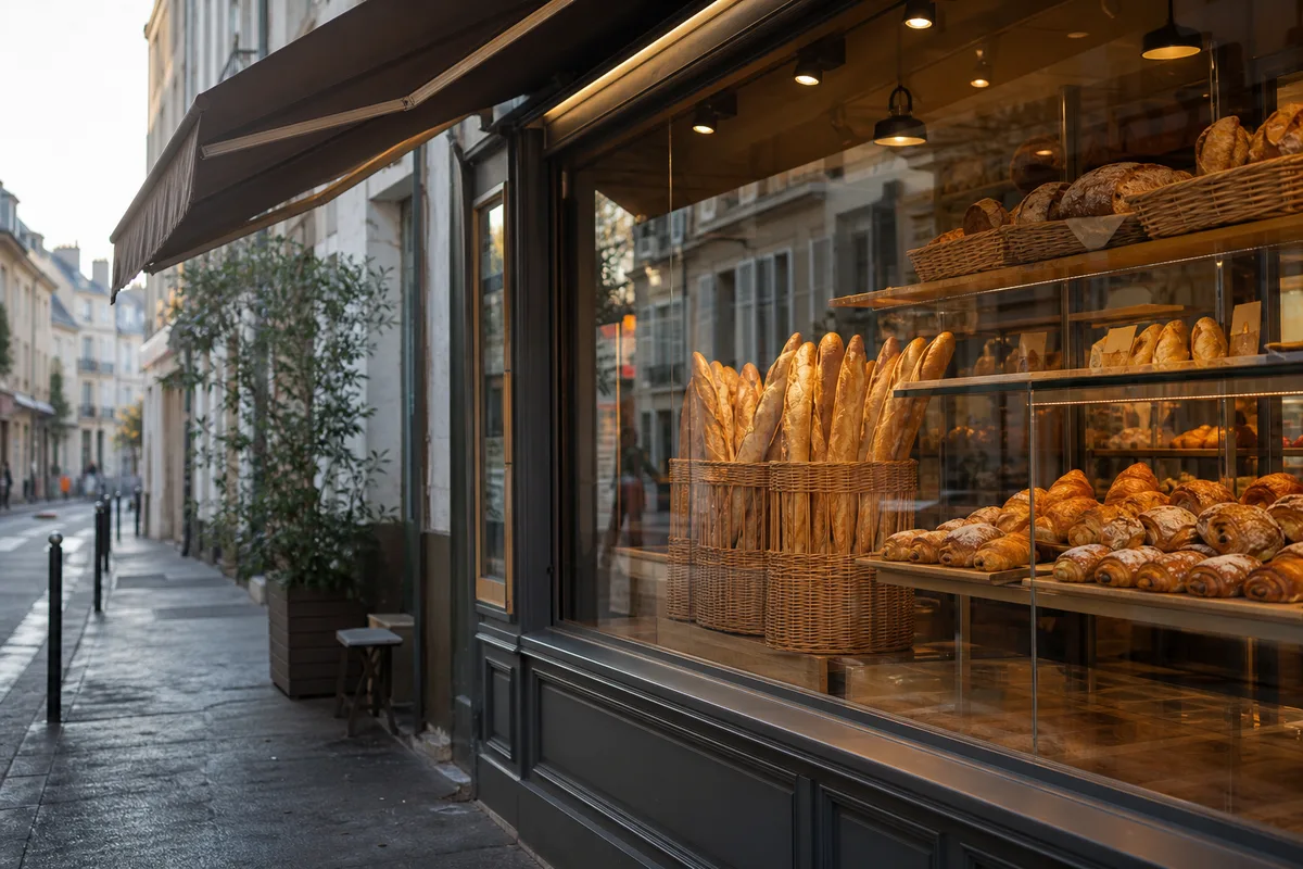 Devanture de boulangerie de quartier ouverte un dimanche matin, cageots de pain en vitrine