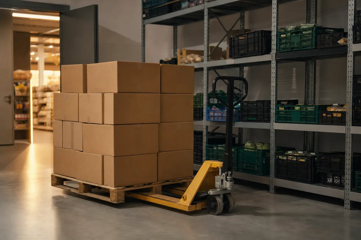 Réserve de magasin en fin de journée, cartons de réassort empilés près d&rsquo;un transpalette