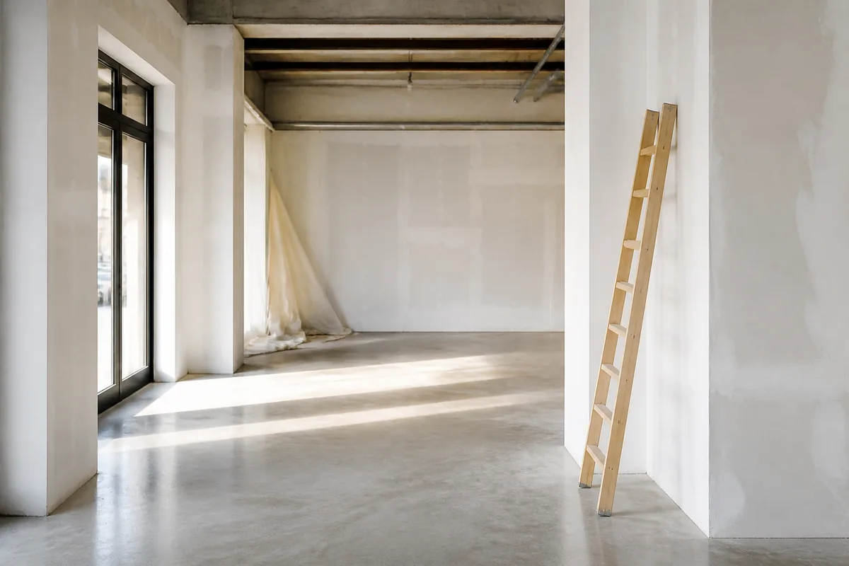 Intérieur d’un local commercial vide en cours d’aménagement avec murs blancs et sol brut