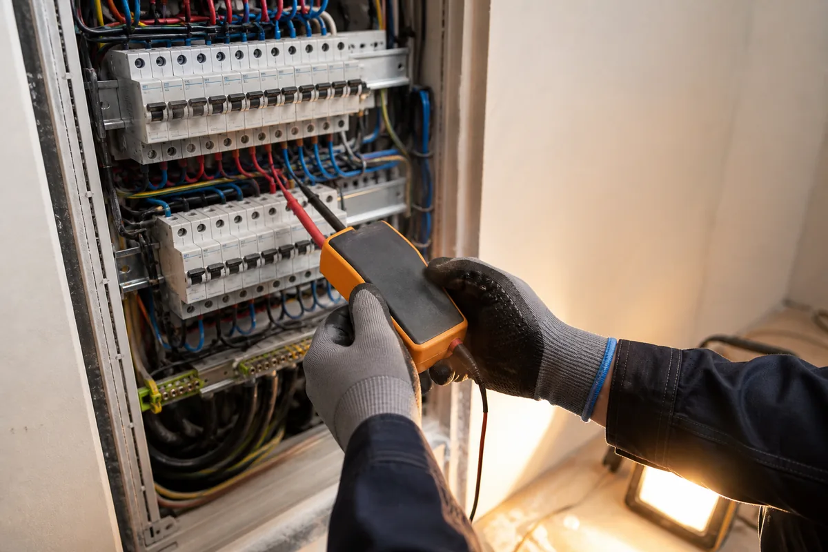 Technicien mesurant une installation électrique dans un tableau ouvert d’un local professionnel
