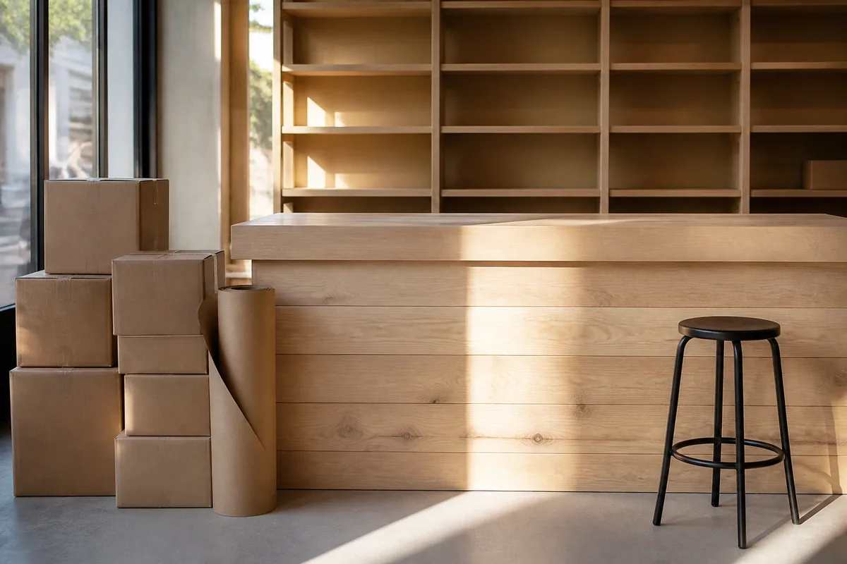 Comptoir en bois clair d’un commerce prêt à ouvrir avec cartons empilés et lumière naturelle