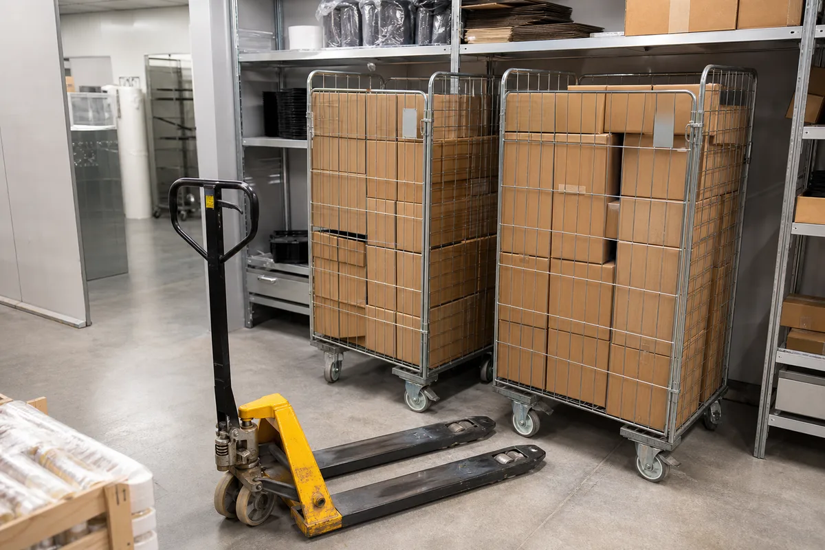 Rolls conteneurs chargés de colis dans la réserve d’un commerce de proximité