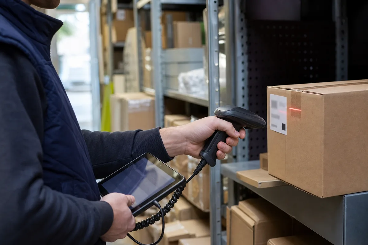 Employé de magasin scannant des cartons pour la mise en stock dans une réserve