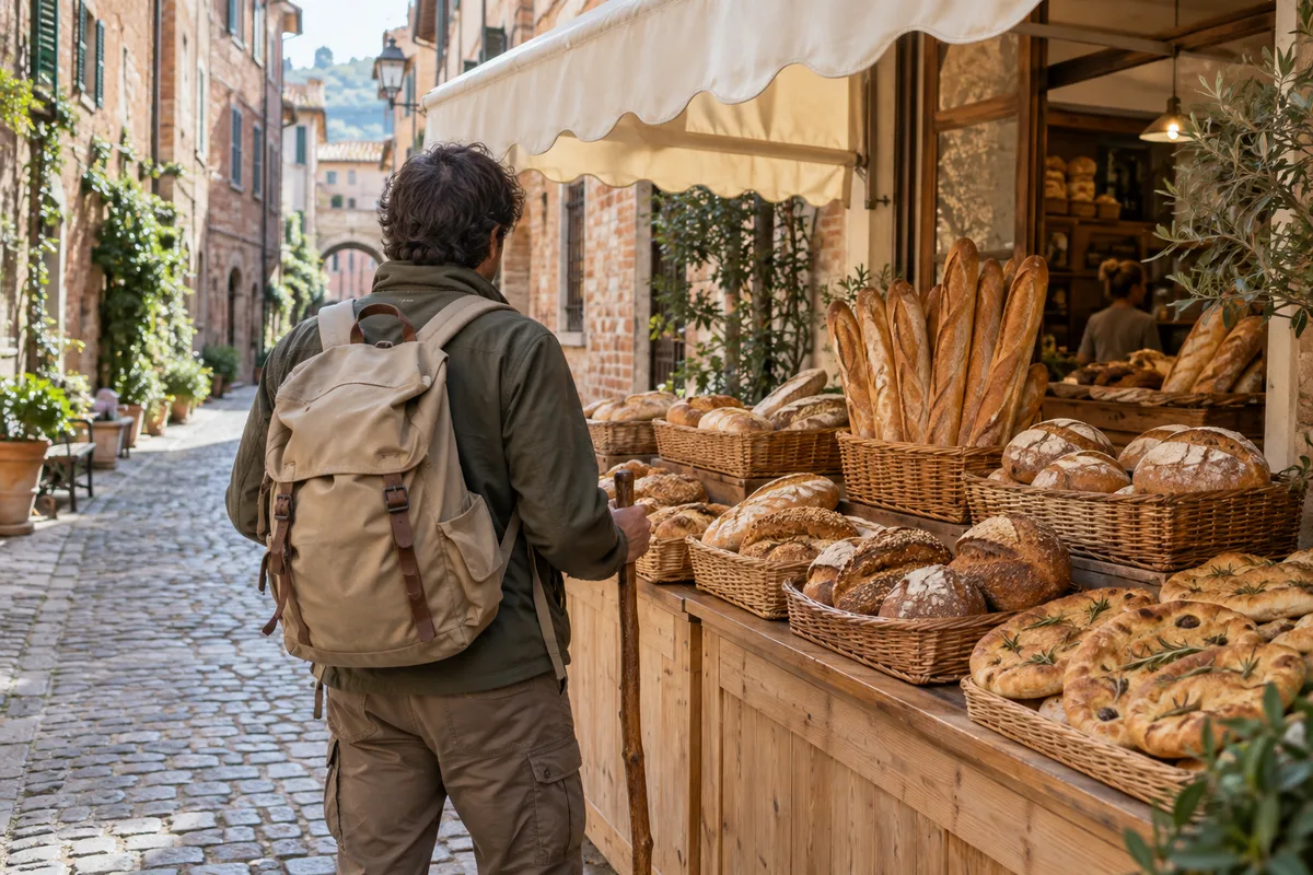 Marcheur vu de dos avec sac et bâton devant l’étal en bois d’une boulangerie au matin