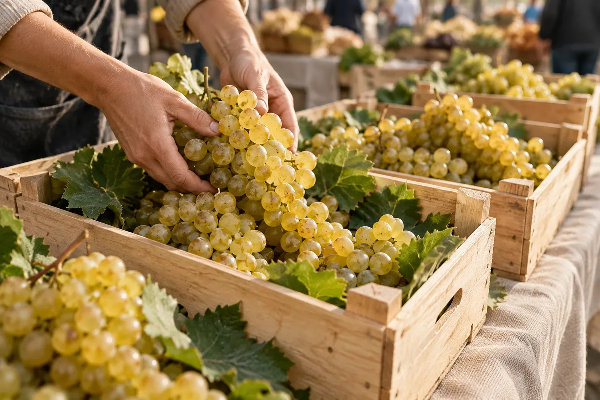 Mains disposant des grappes de raisin blanc doré dans une cagette en bois sur un étal de marché
