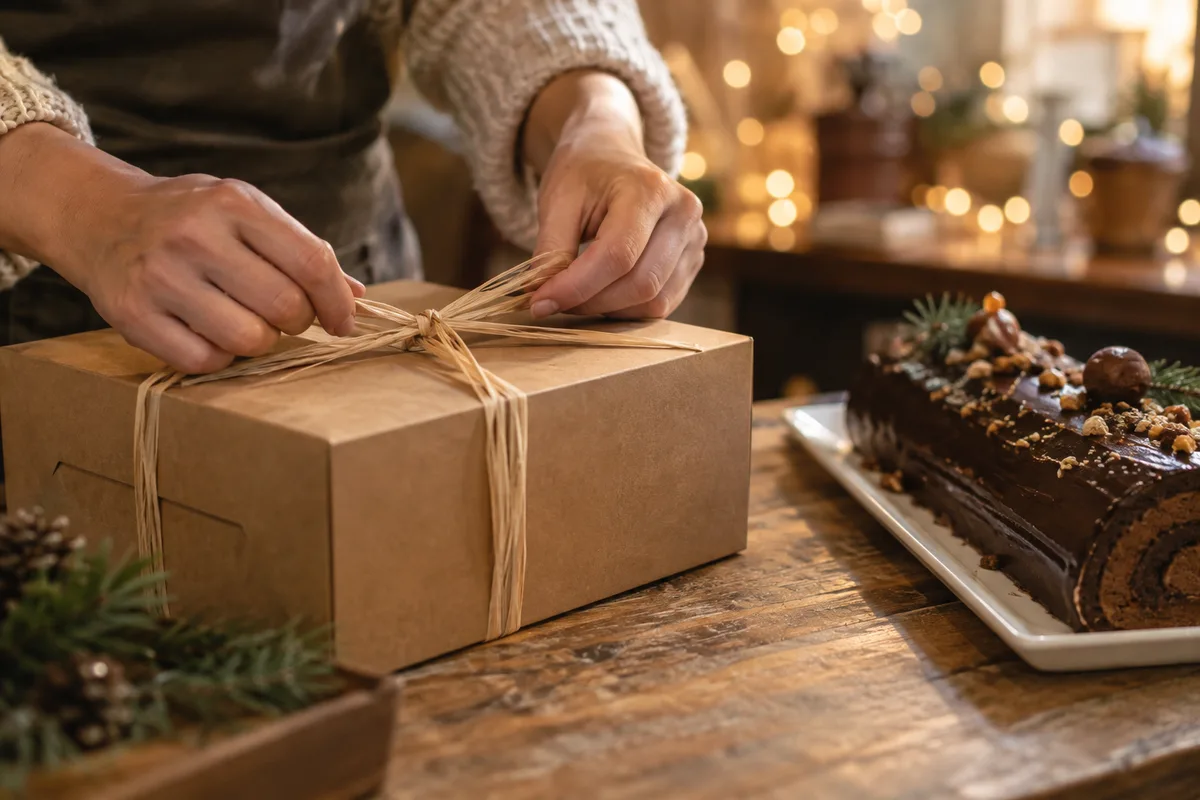 Mains nouant un ruban de raphia autour d’une boîte à gâteau kraft sur un comptoir en bois