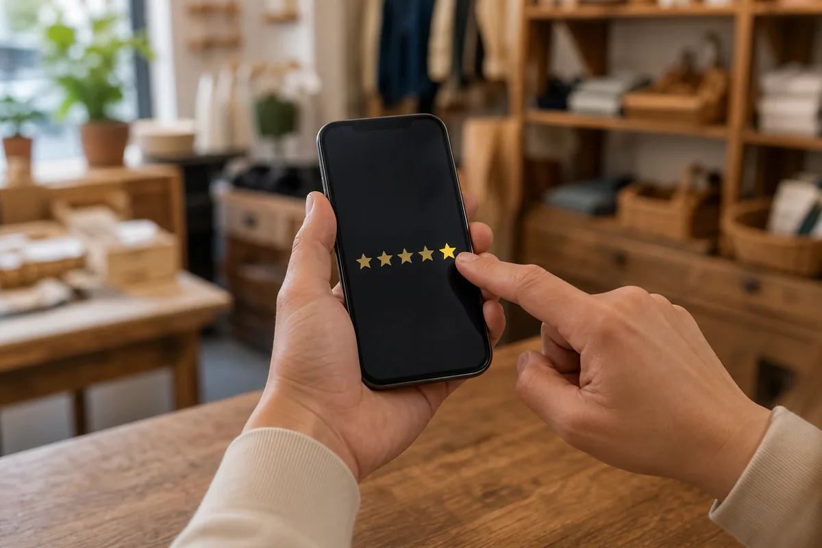 Client attribuant une note en étoiles à un commerce local sur son smartphone