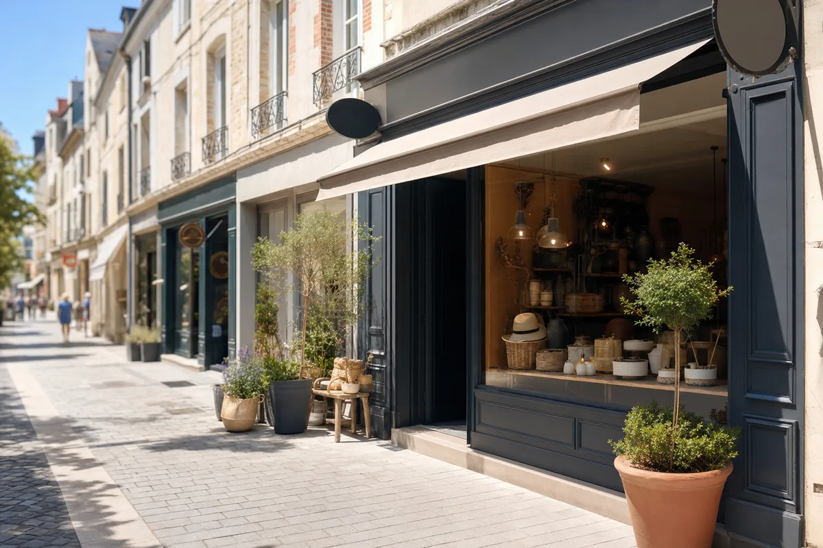 Devanture d&rsquo;une boutique de proximité dans une rue commerçante française