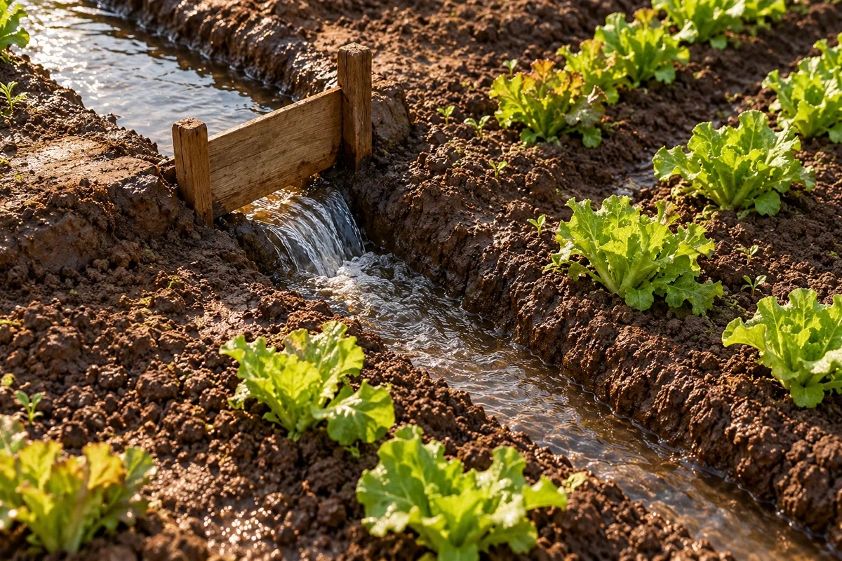 Vanne en bois guidant un filet d&rsquo;eau vers un nouveau sillon de potager
