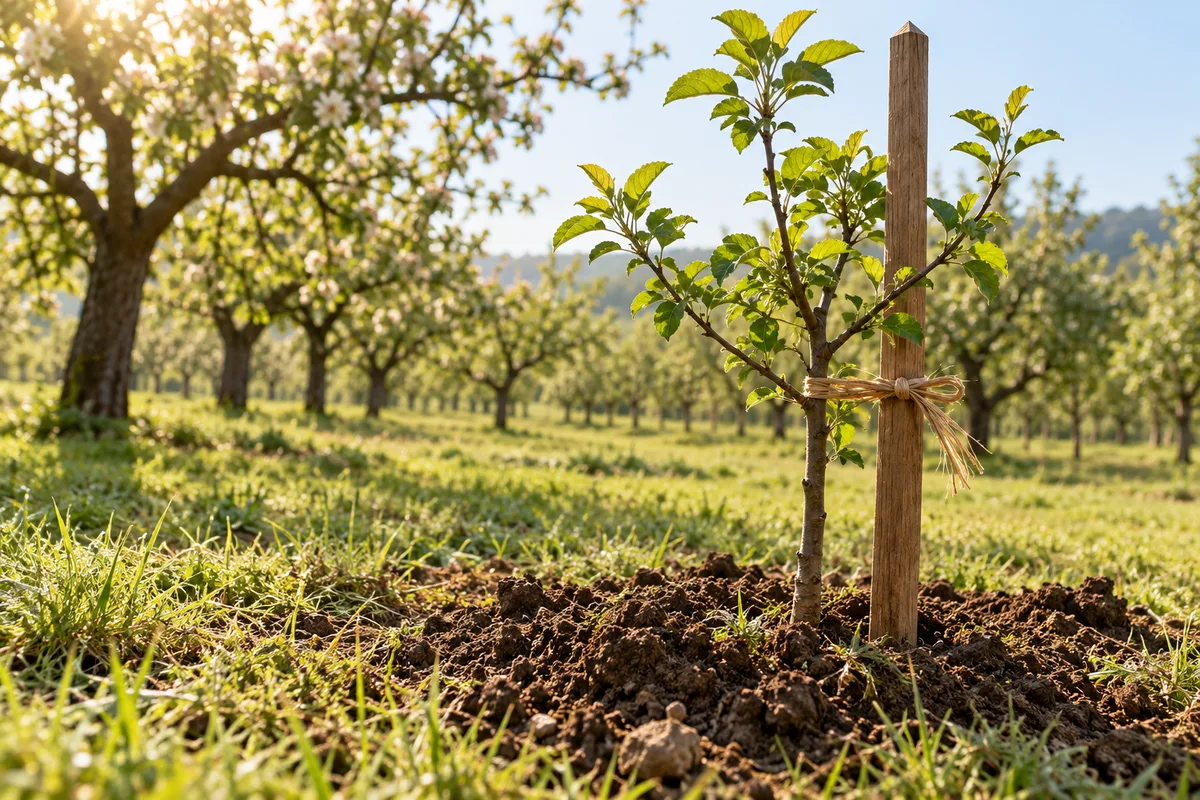 Jeune arbre fruitier attaché à son tuteur dans un verger