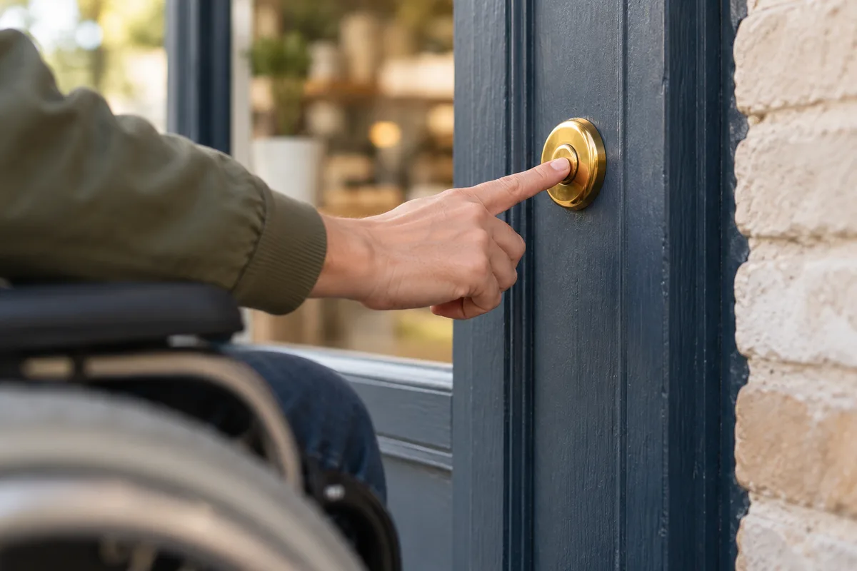 Main qui presse une sonnette ronde en laiton poli fixée à hauteur de fauteuil sur le montant bleu ardoise d&rsquo;une porte de boutique