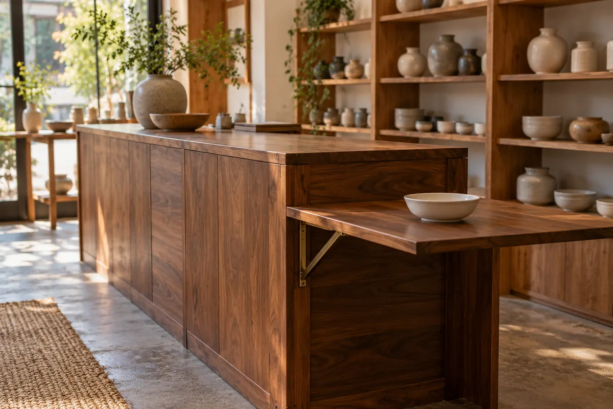 Comptoir de vente en noyer d&rsquo;une petite boutique avec un plateau rabattable abaissé à hauteur d&rsquo;assise et une coupelle en céramique